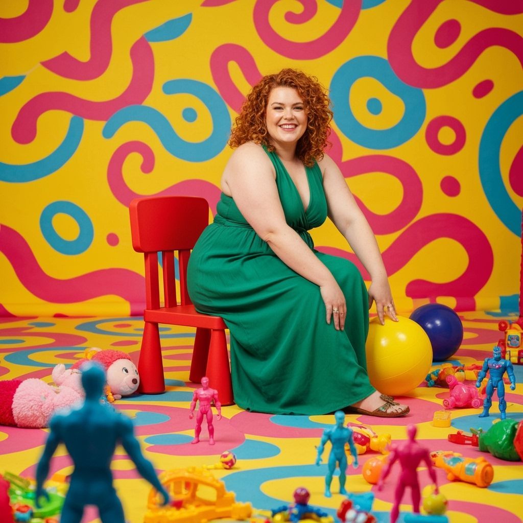 Woman on Child's Chair in Whimsical Playroom