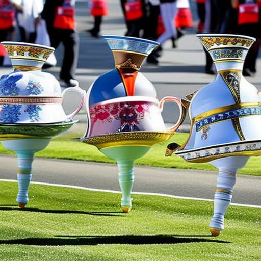 Ornate Teacups with Legs Run Marathon