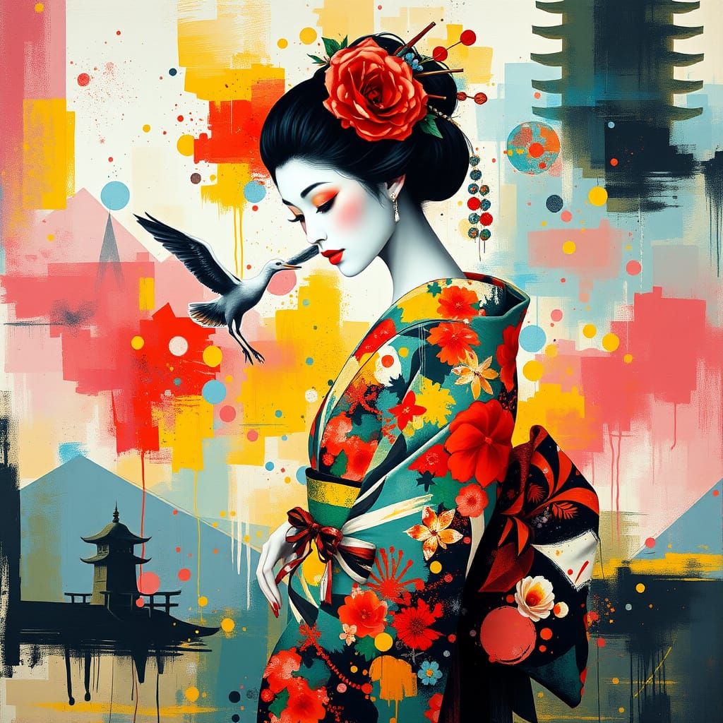 Geisha and Crane in Abstract Style with Bold Colors