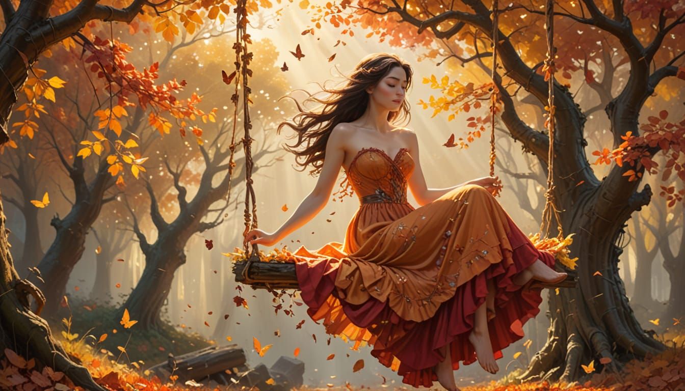 Ethereal Woman on Swing in Autumnal Neo-Impressionism