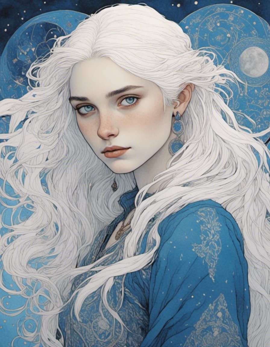 Blue-Skinned Shadowhunter Portrait in Palekh Style