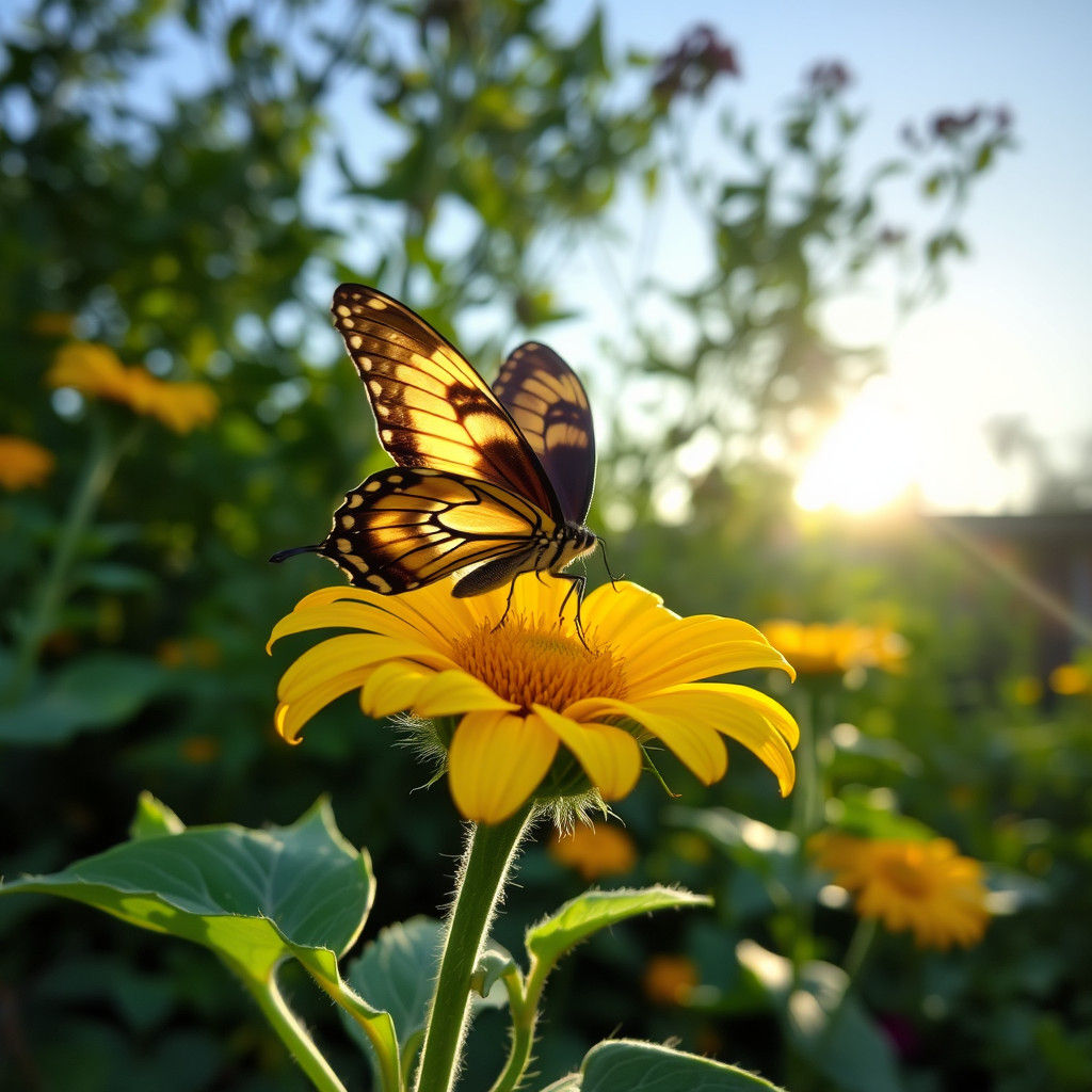 Monarch Butterfly and Sunflower in Sunny Garden
