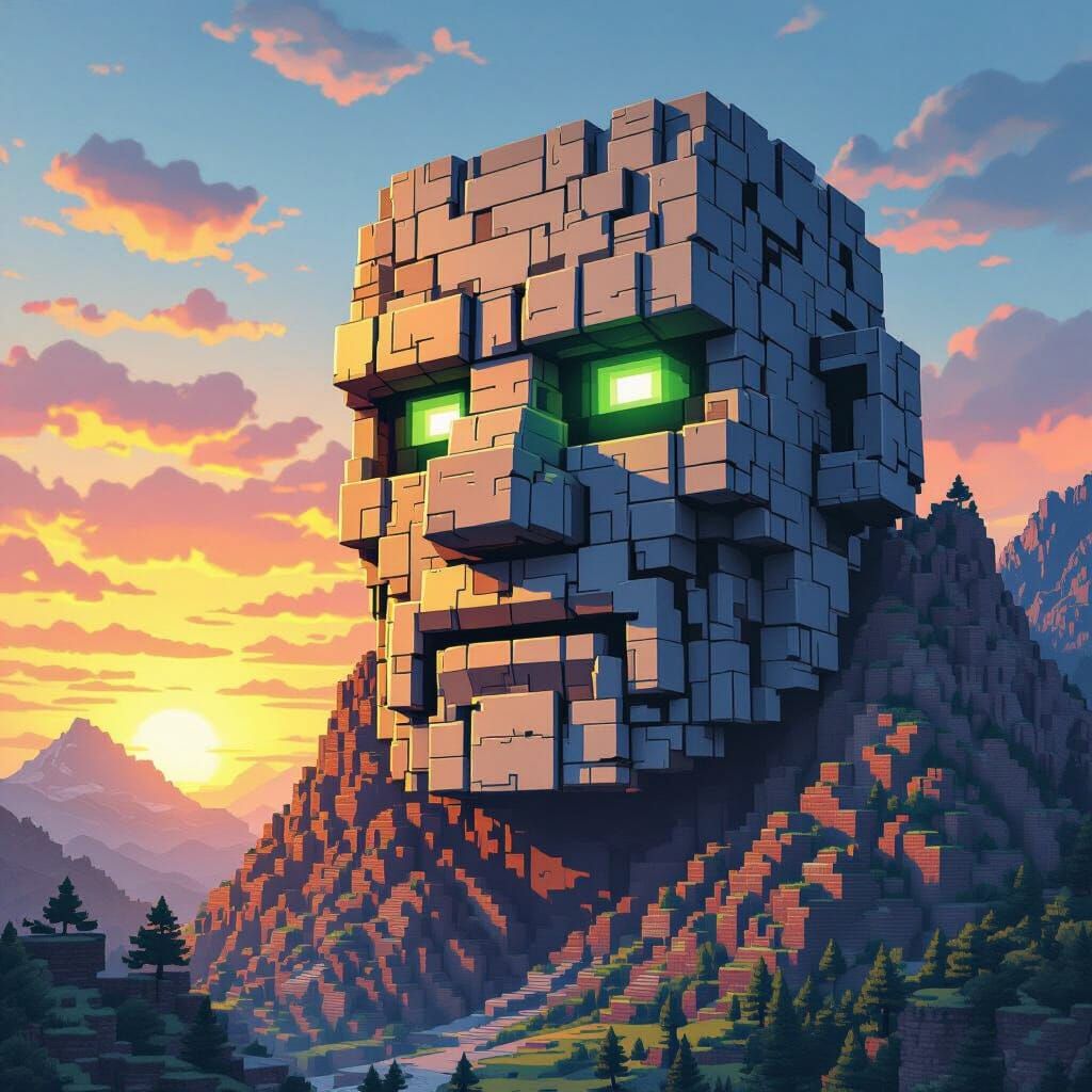 Minecraft Golem Face Carved into Pixelated Mountainside