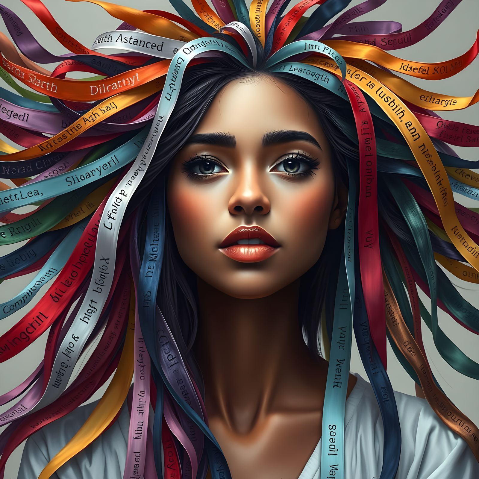 Portrait of a Multicultural Woman with Vibrant Ribbon Hair