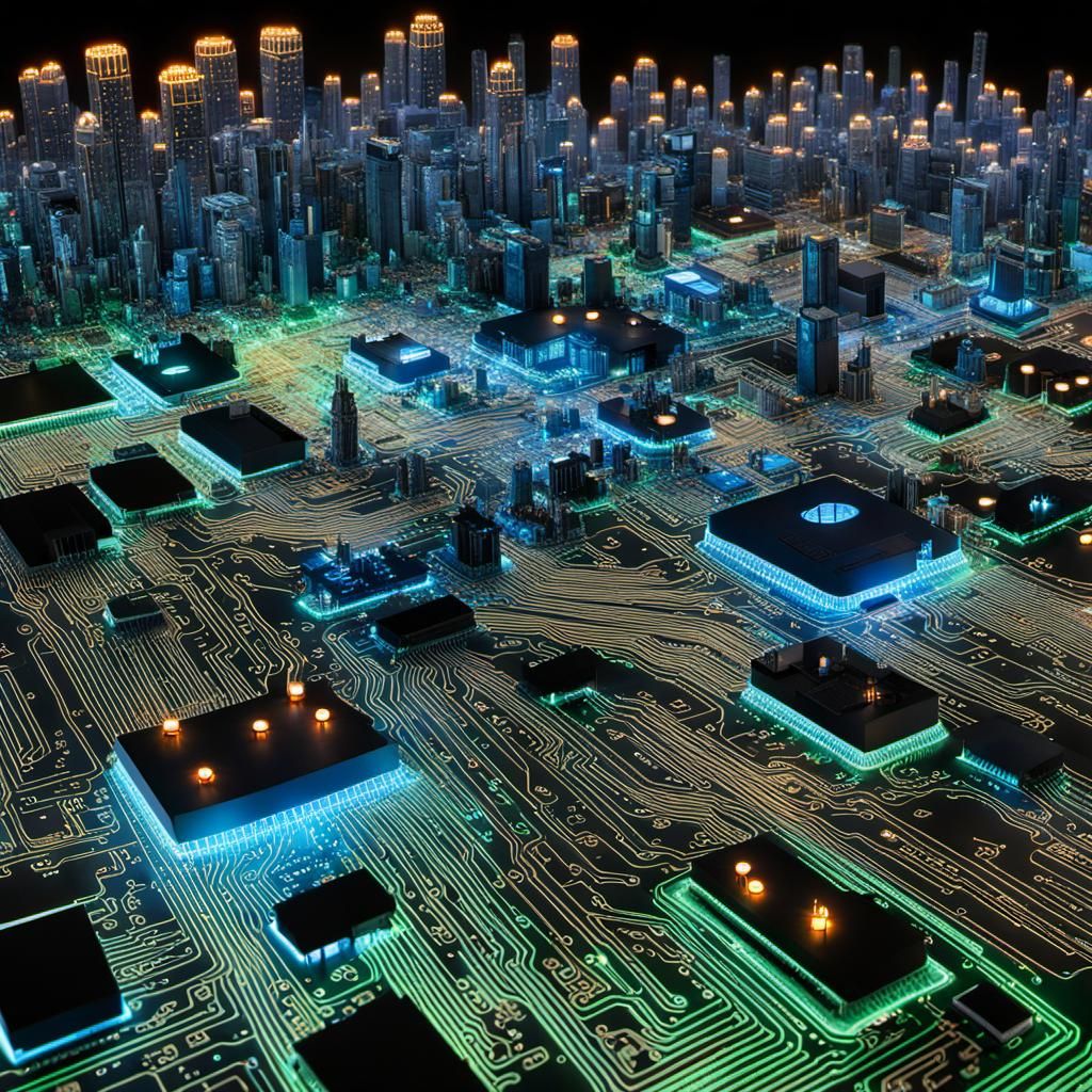 Circuit Board Cityscape with Mice in Cyberpunk Style