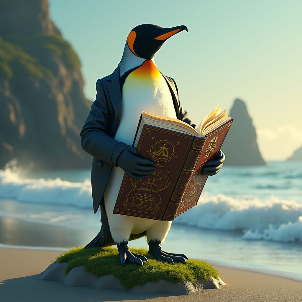 Penguin Reader in Tuxedo, Surrealist Dreamscape