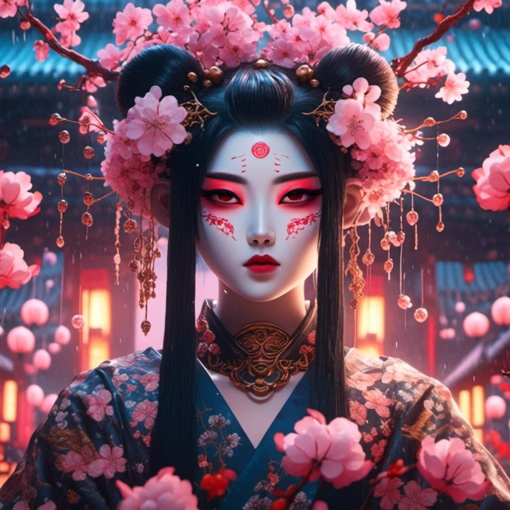 Gothic Tattooed Girl with Hannya Mask and Sakura Flowers