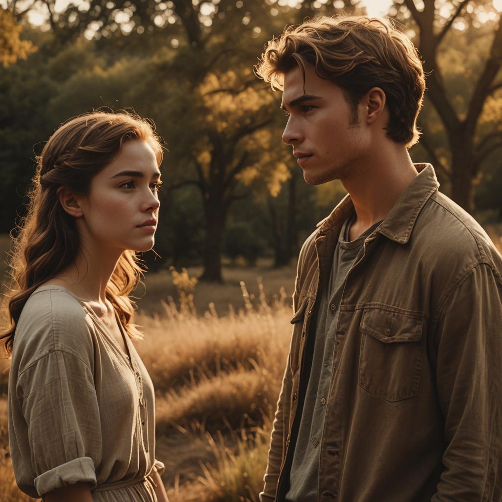 Young Man's Romantic Gaze: A Cinematic Film Still