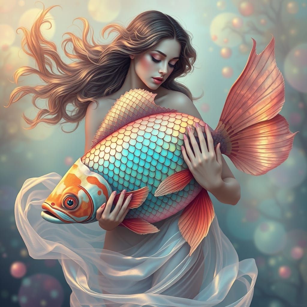 Ethereal Goddess Kisses Rainbow Fish in Dreamy Aquatic Scene