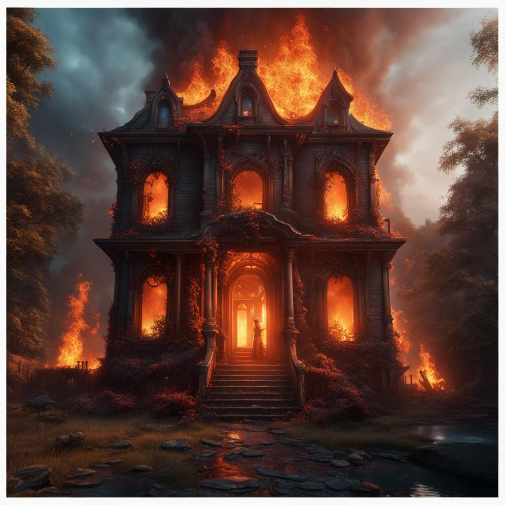 Burning House in Detailed Matte Painting Style