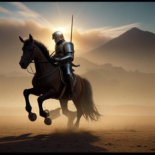 Cinematic Knight Rides into Sunset After Battle