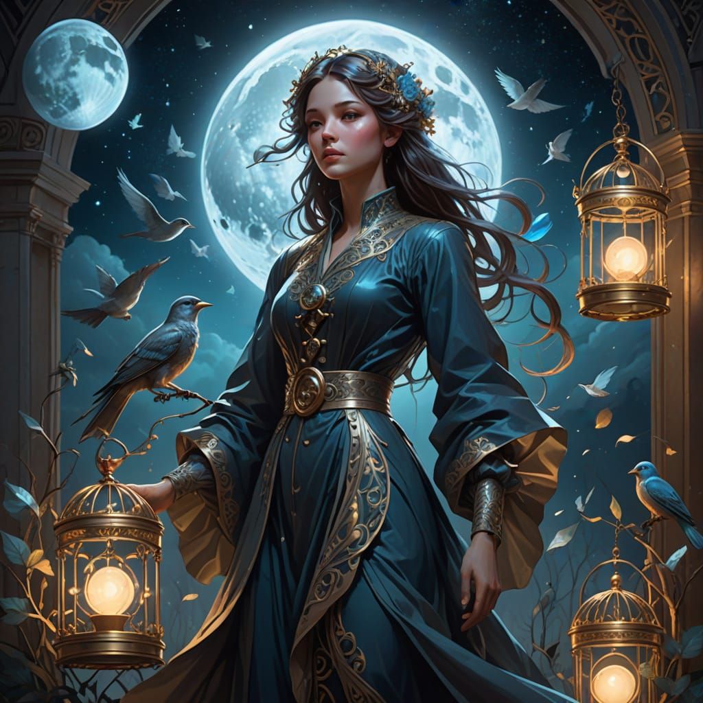 Surreal Figure Captures Moon in Birdcage