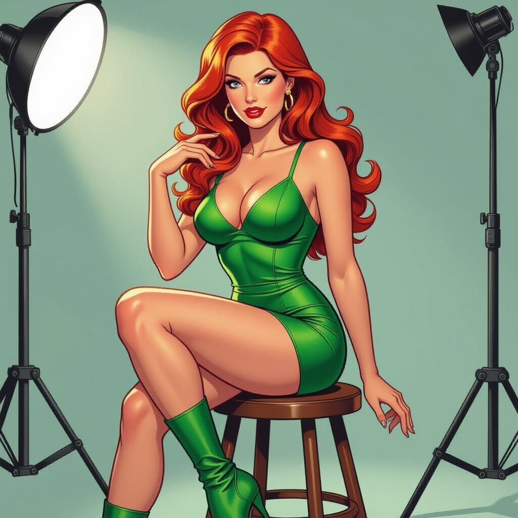 Jean Grey Poses in Green Dress as Comic Art