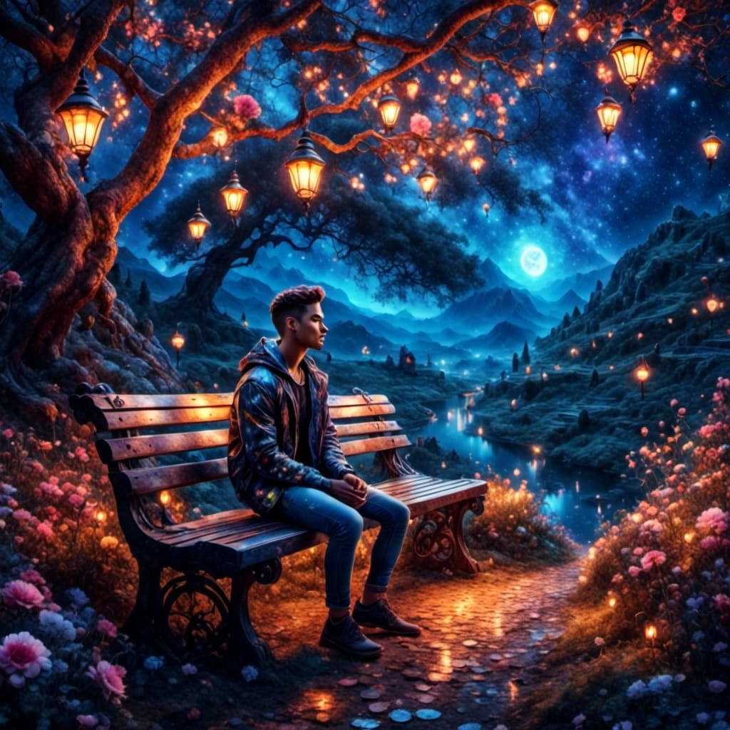 Handsome Man Waits in Starry Park: Astral Illustration