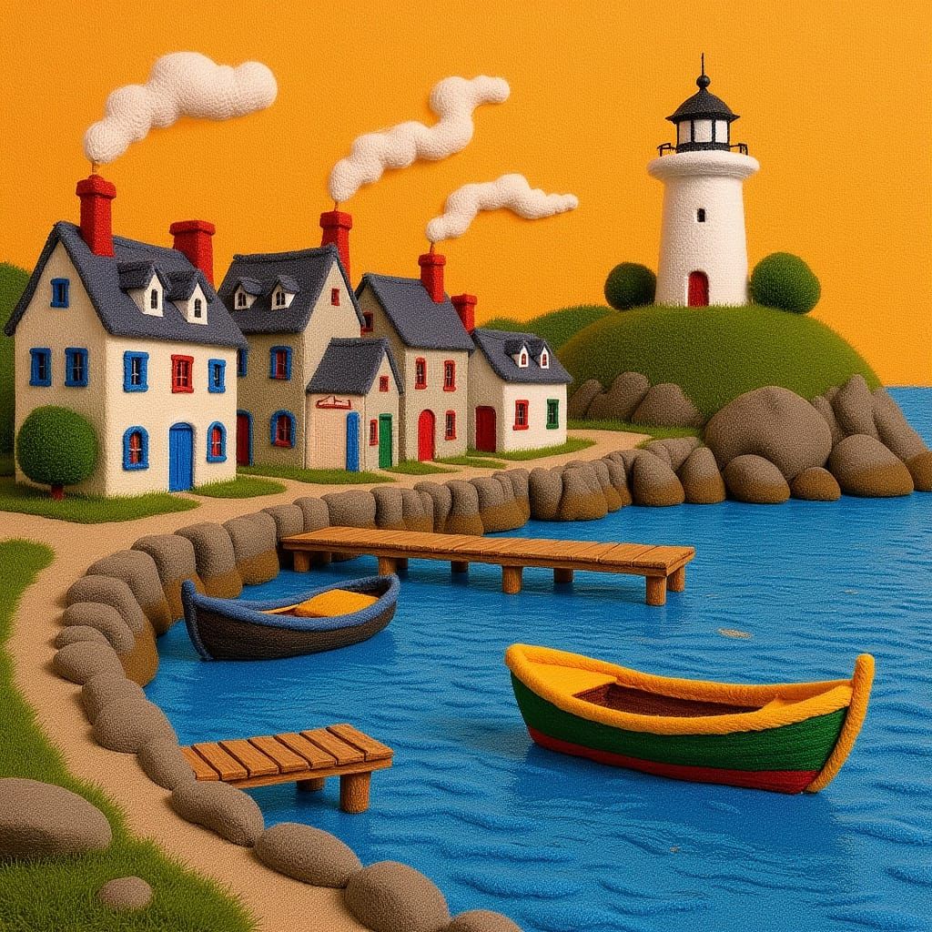 Felt Artwork: Brittany Harbor at Sunrise