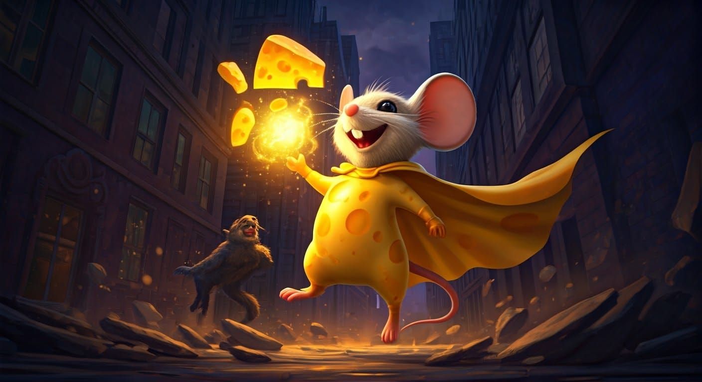 Vibrant Cheese Superhero Mouse Battles Diabolical Cat
