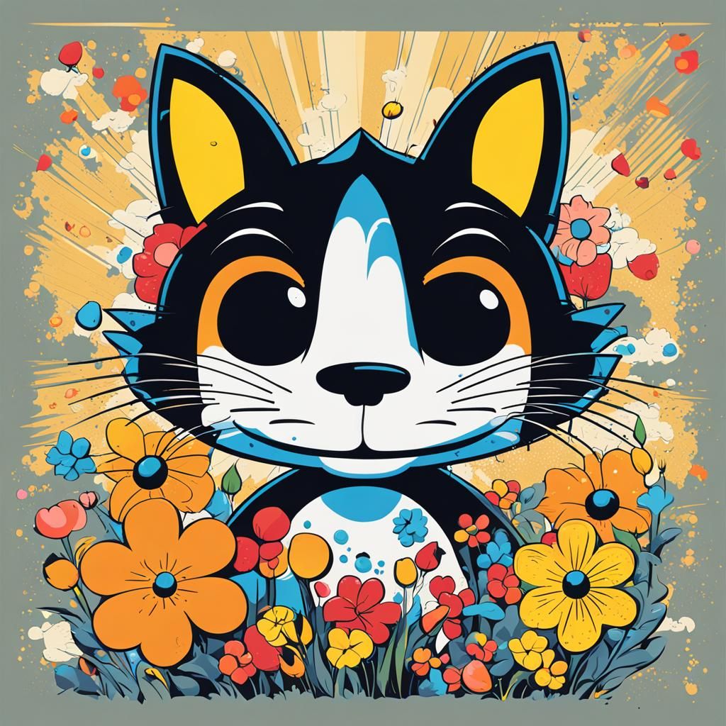 Felix the Cat Pop Art with Spring Flowers