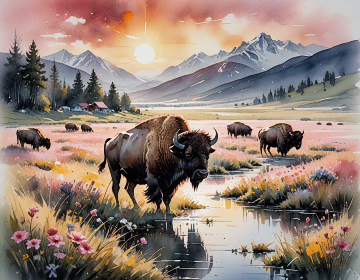 Prairie Sunrise Vista in Neo-Impressionist Watercolour