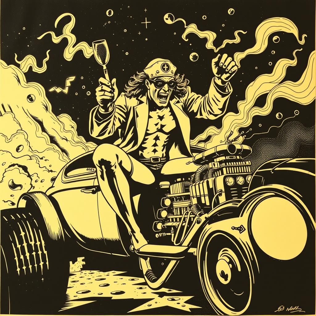 Mad Scientist in Hot Rod, Woodcut Print