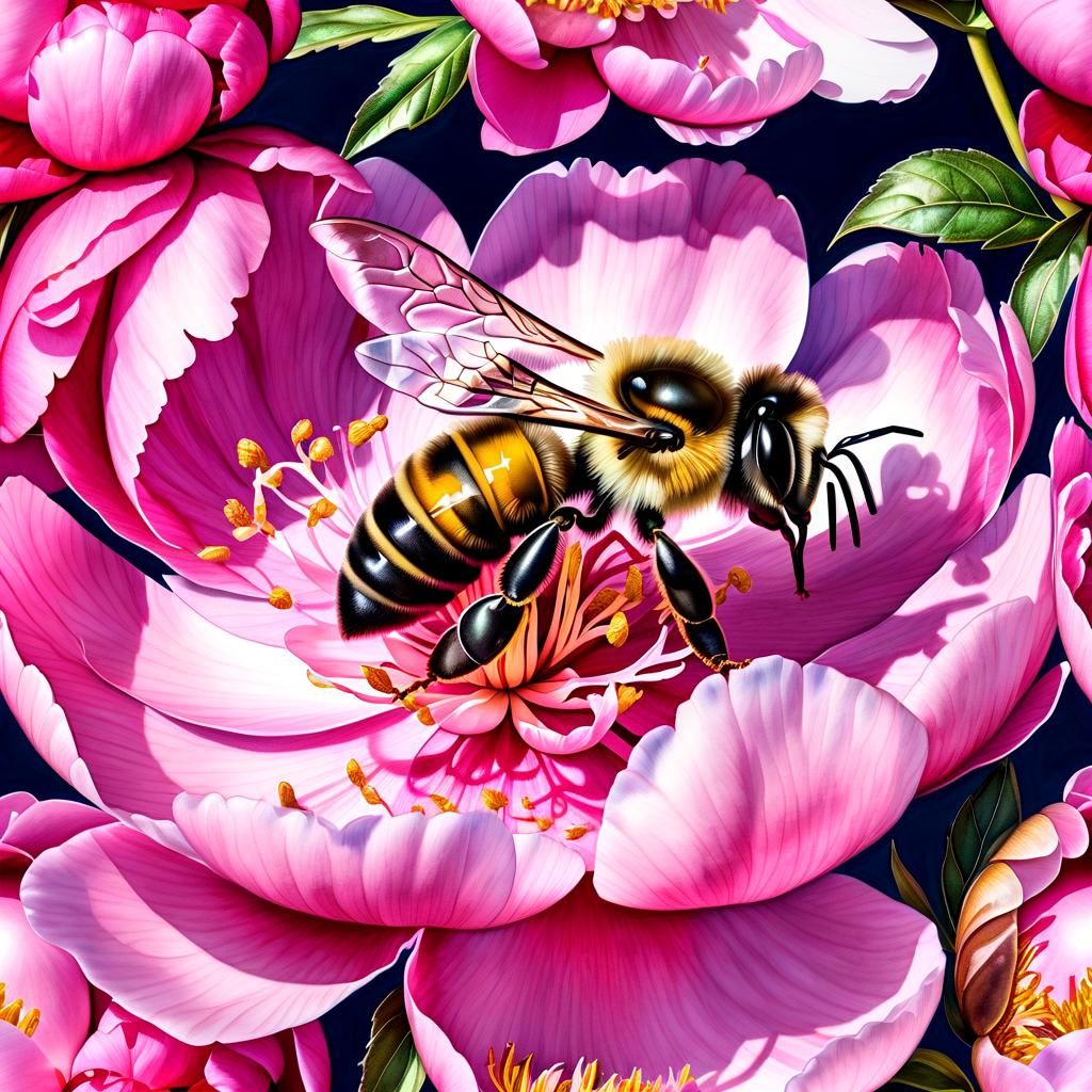 Bee and Pink Peony in Watercolor Macro