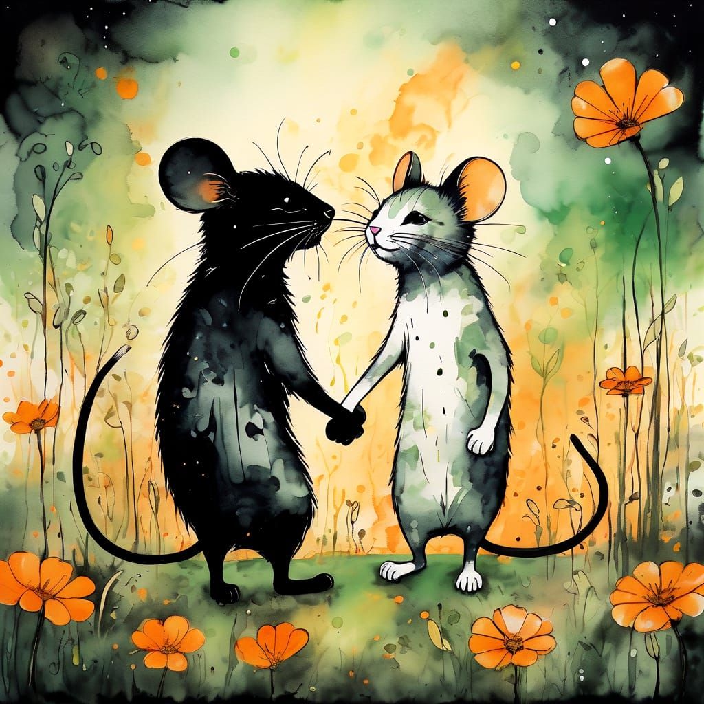 Whimsical Mouse and Cat Friendship in Harmonic Ink