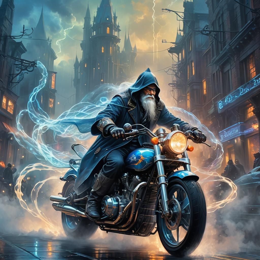 Wizard on Motorcycle in Ethereal Fantasy Style