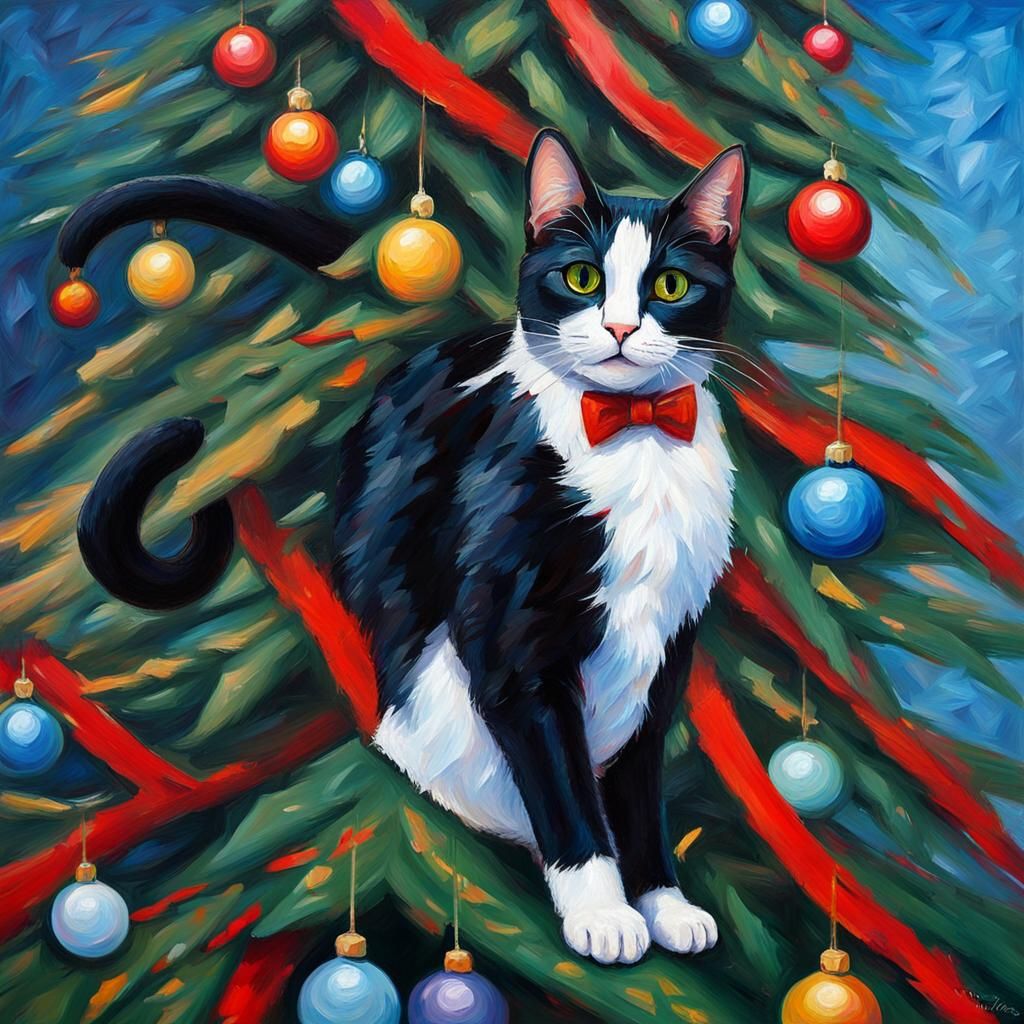 Tuxedo Cat Climbing Christmas Tree: Neo-Impressionist Oil Pa...