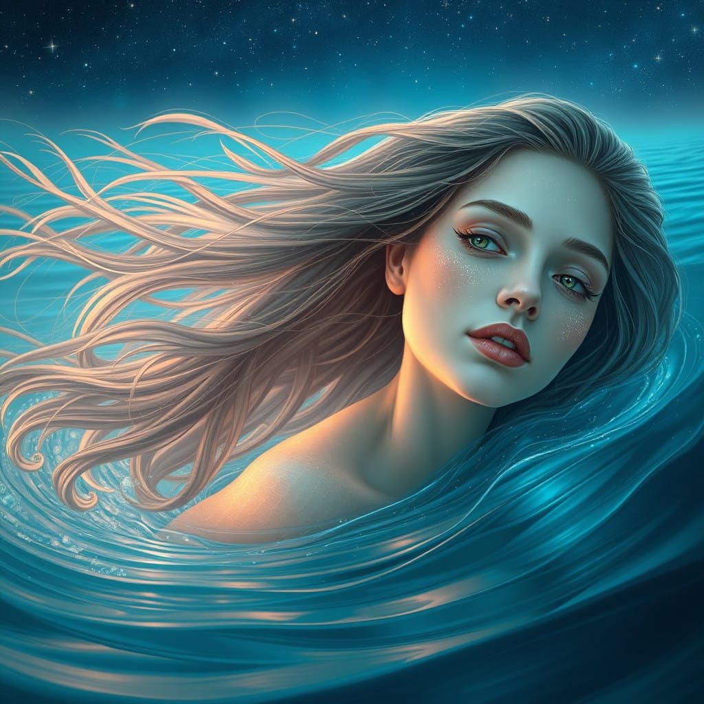 Serene Ocean Goddess Rises Amidst Celestial Cosmos