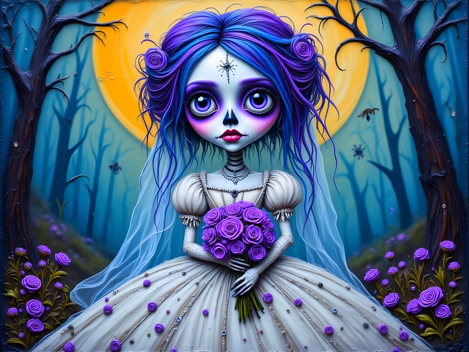 Whimsical Zombie Bride in Encaustic Style