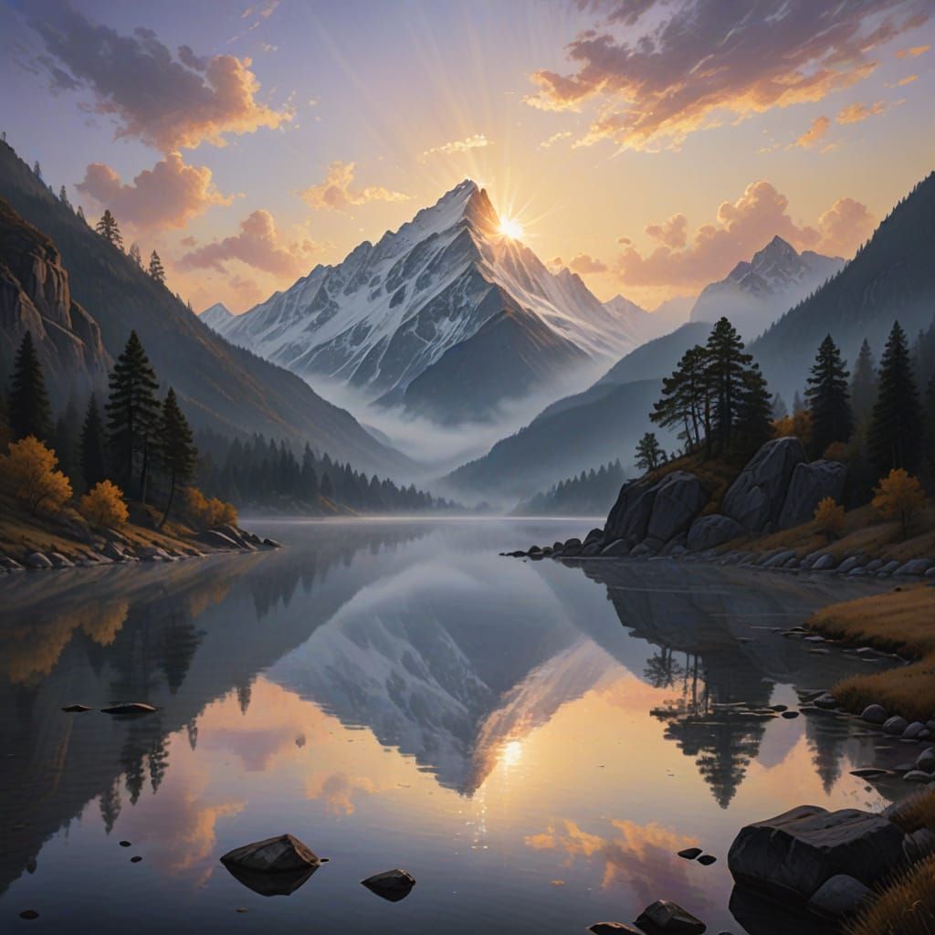 Serene Sunrise Mountain Reflections in Golden Light