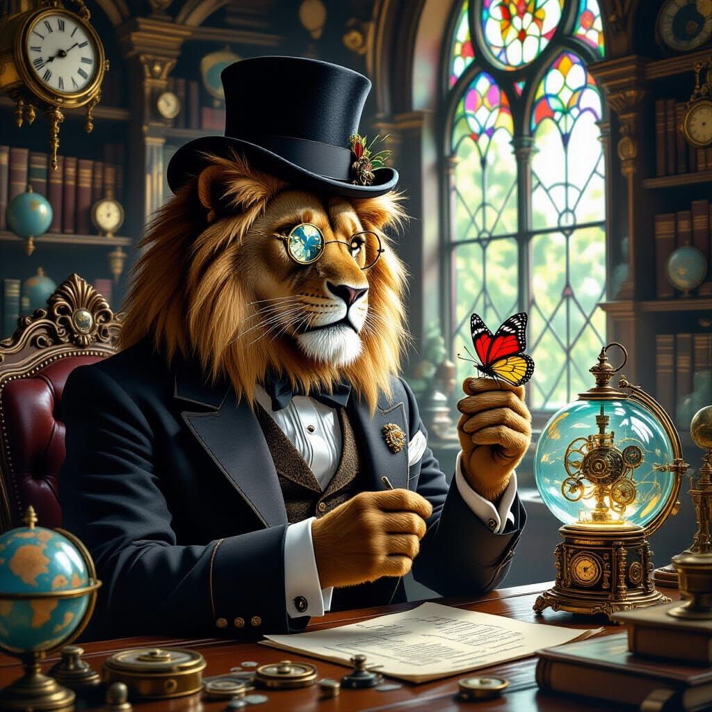 Steampunk Lion Gentleman Inspects Clockwork Butterfly