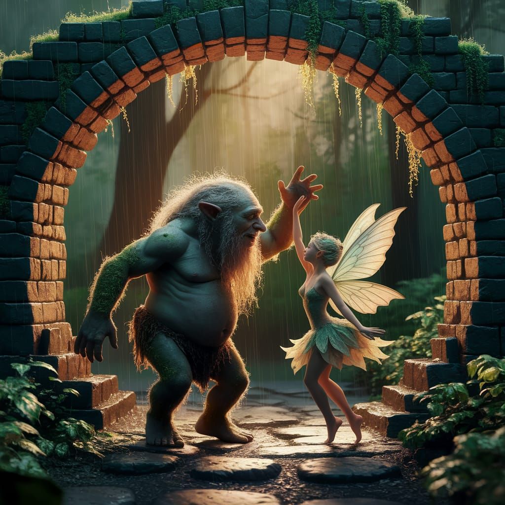 Enchanted Forest Dance: Troll and Fairy Under Bridge