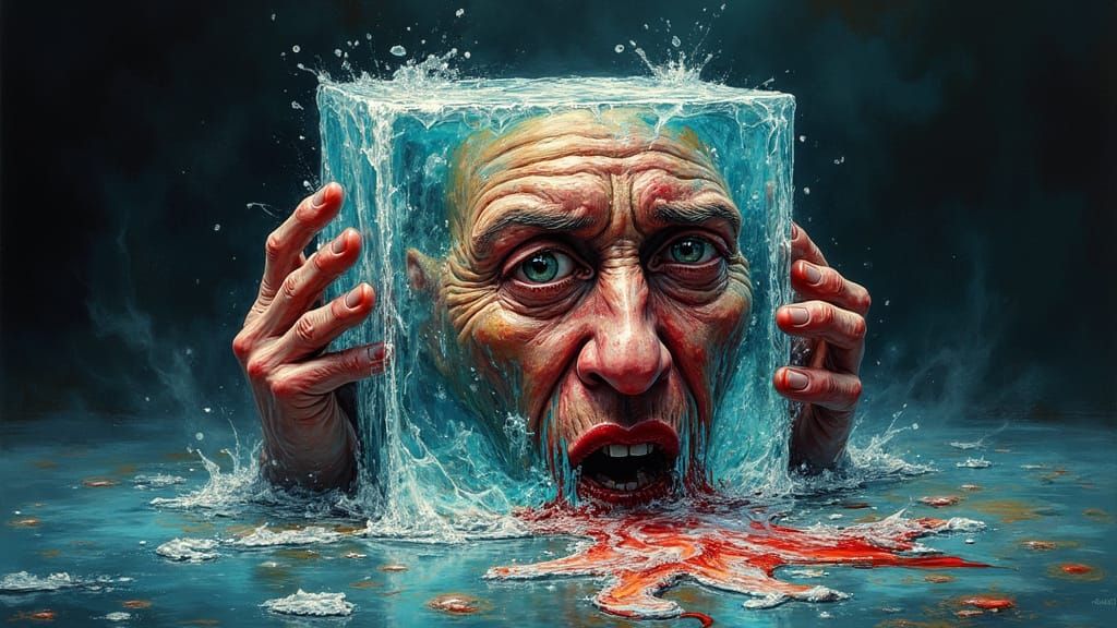 Agonized Face Melting in Surreal Ice Cube