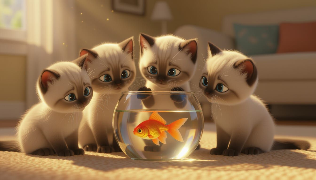 Pixar Style Siamese Kittens Adore Goldfish Bowl