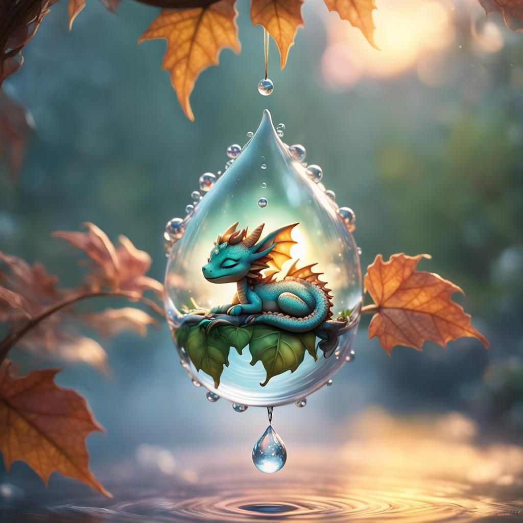 A cute chibi Dragon sleeping inside a water drop