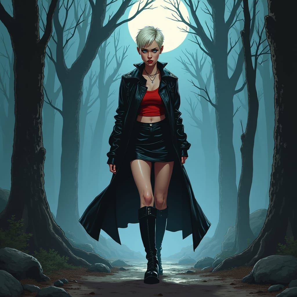 Punk Woman in Misty Forest, Gritty Urban Style