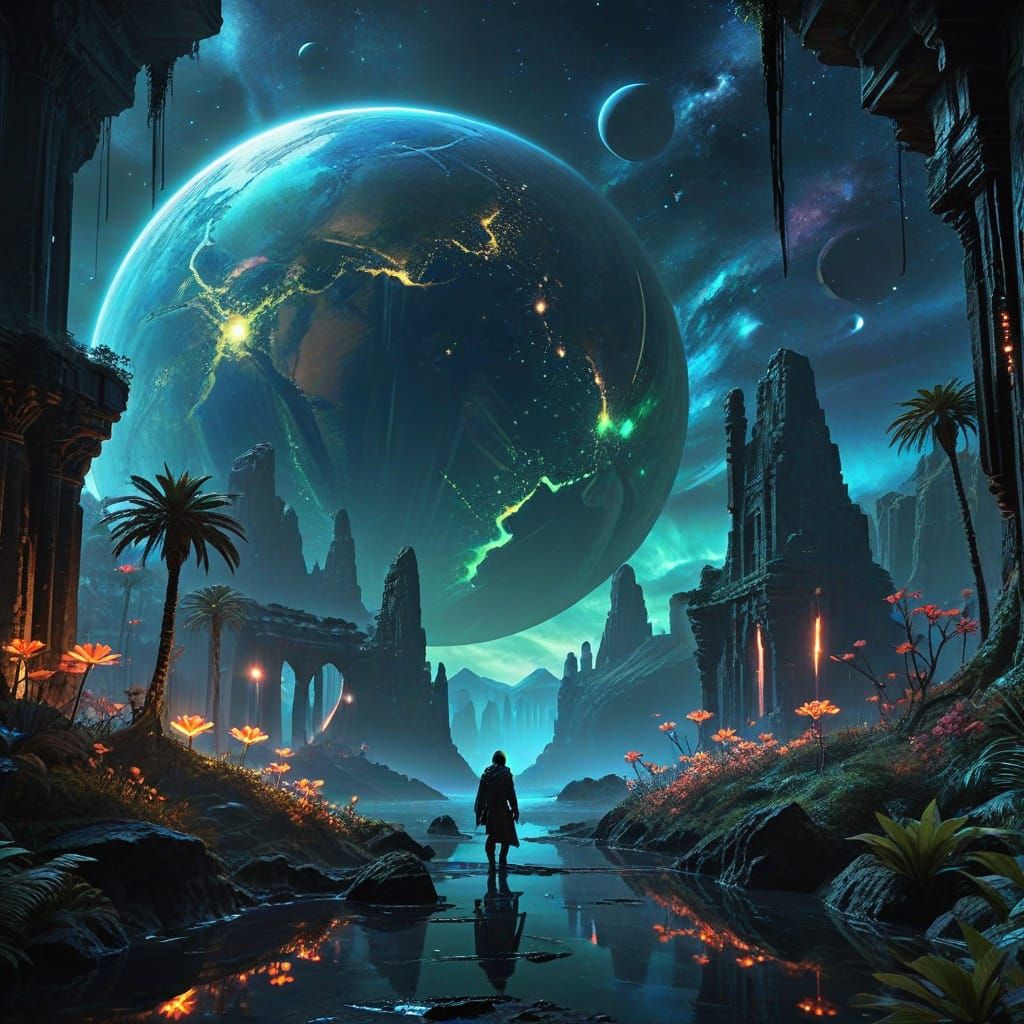 Exotic Planet with Jedi Knights in Stardust Ocean