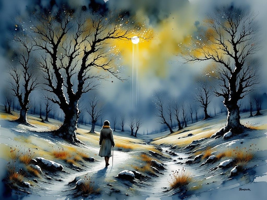 Gnarled Moorland Trees in a Stormy Landscape, Watercolor Sty...