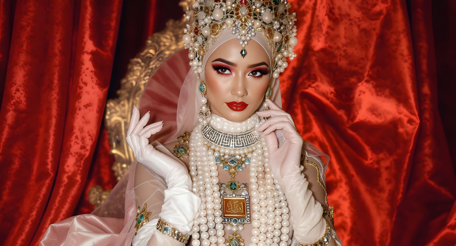 Elegant Hijab Fashion with Pearl Body Chain and Arabic Jewel...