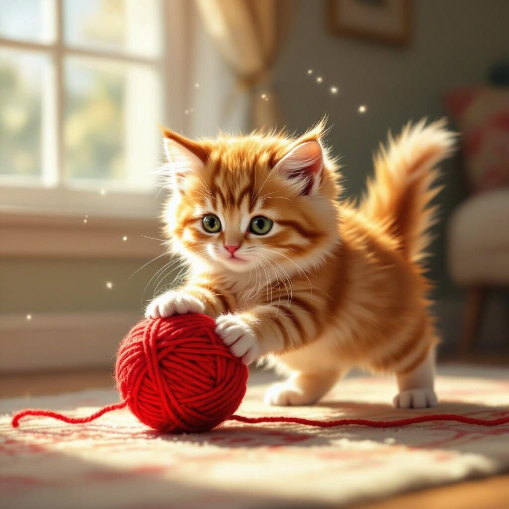 Fluffy Kitten Pounces on Yarn Ball in Sunny Room