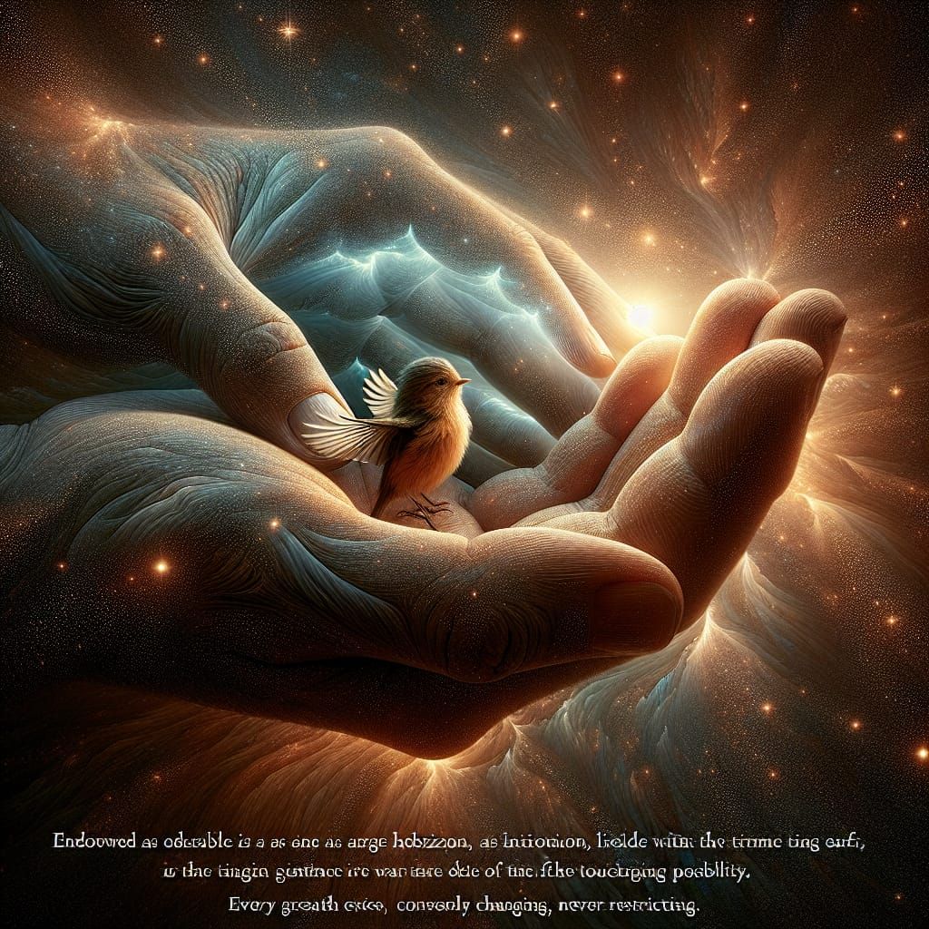 Celestial Hands Hold Tiny Bird of Hope