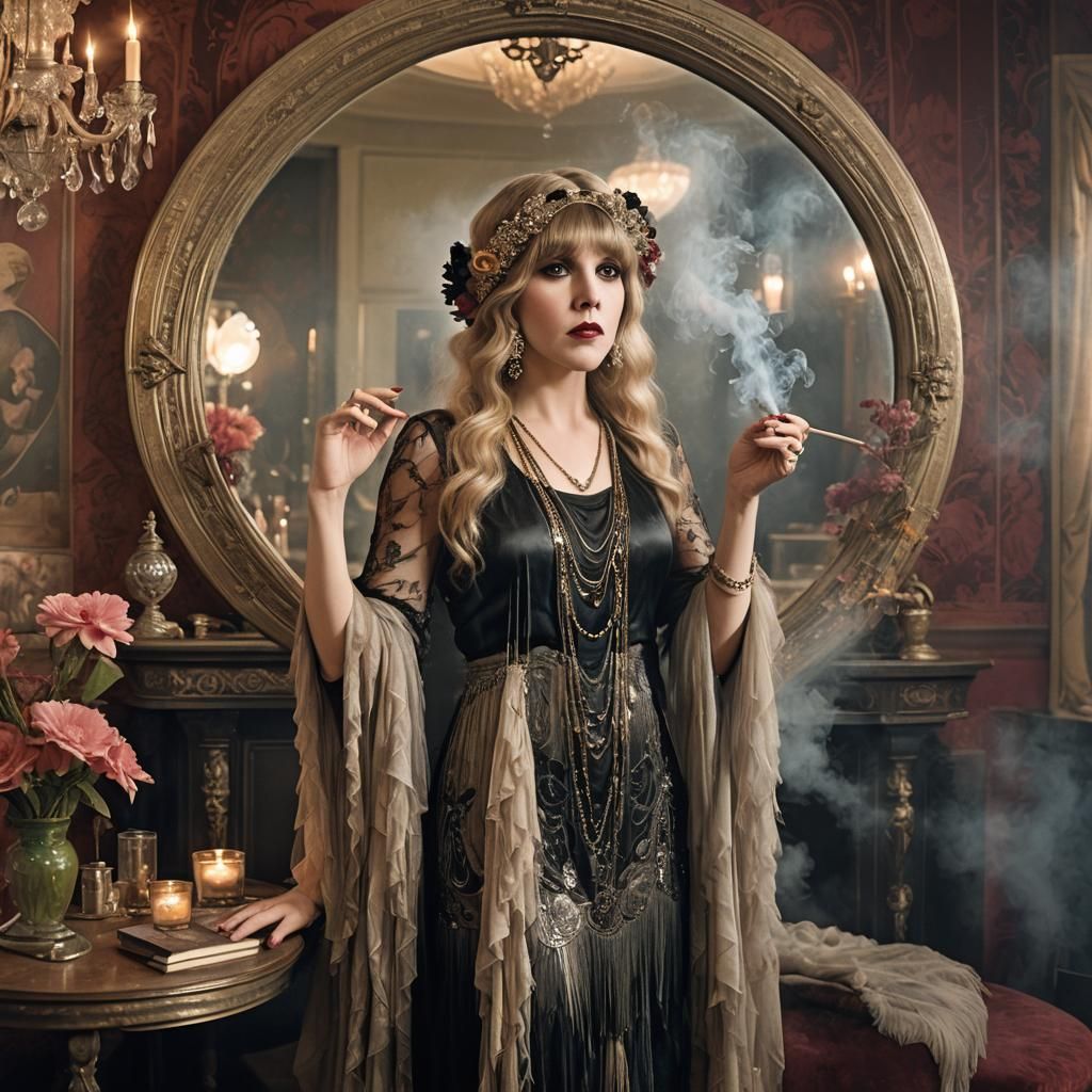 Mystical Flapper Girl in Mucha Inspired Art Nouveau Style