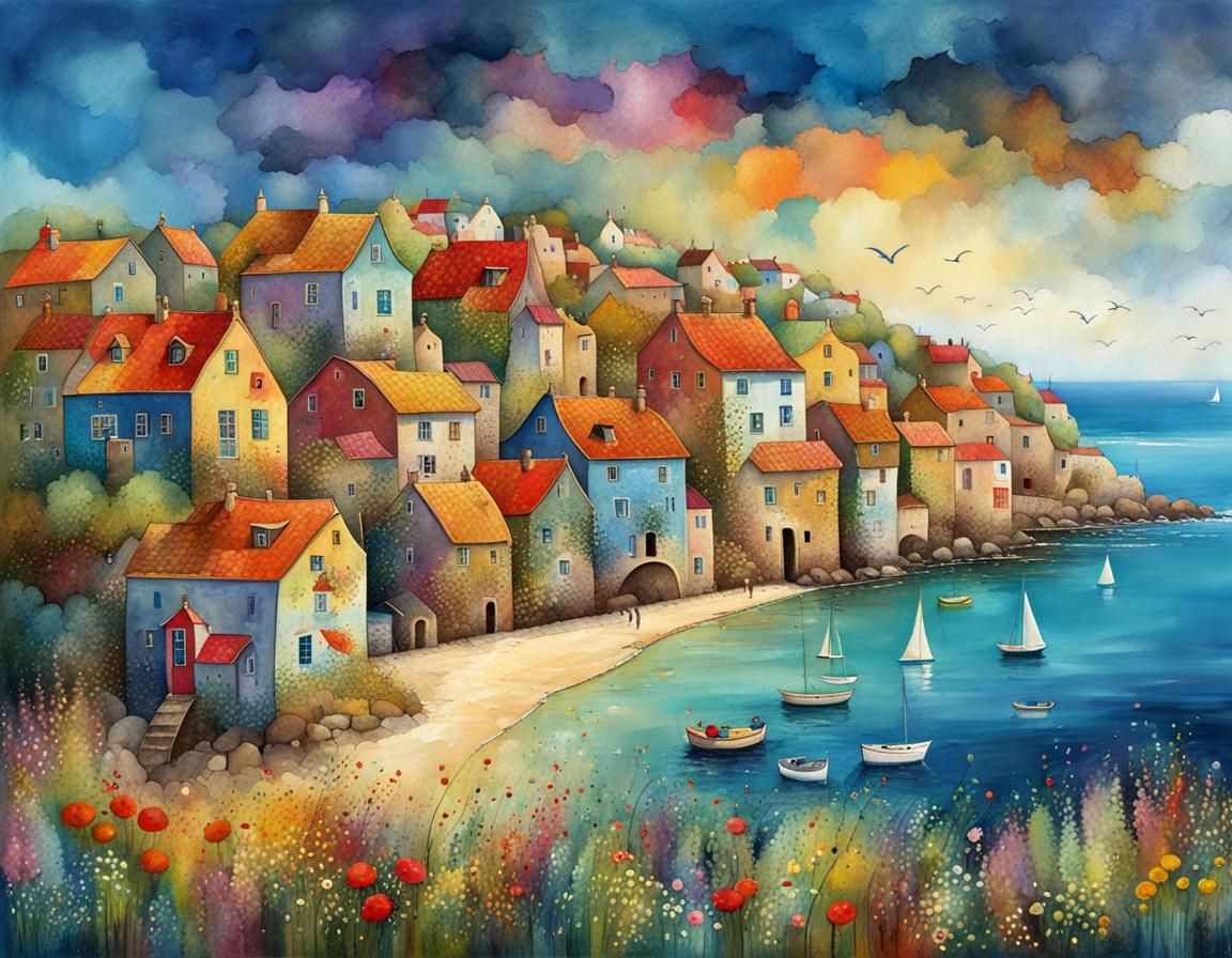 Whimsical Seaside Village Illustration in Patchwork Style