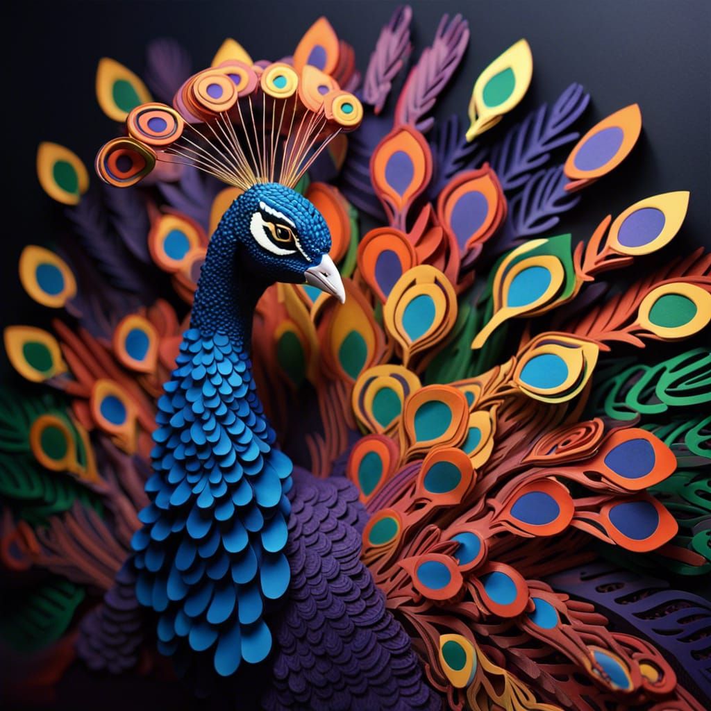 Psychedelic Peacock in 3D Paper Cut Style