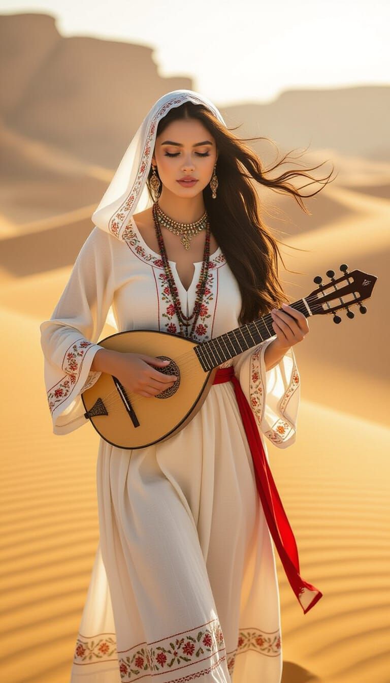 Woman Playing Lute on Windswept Dune in Golden Desert Light