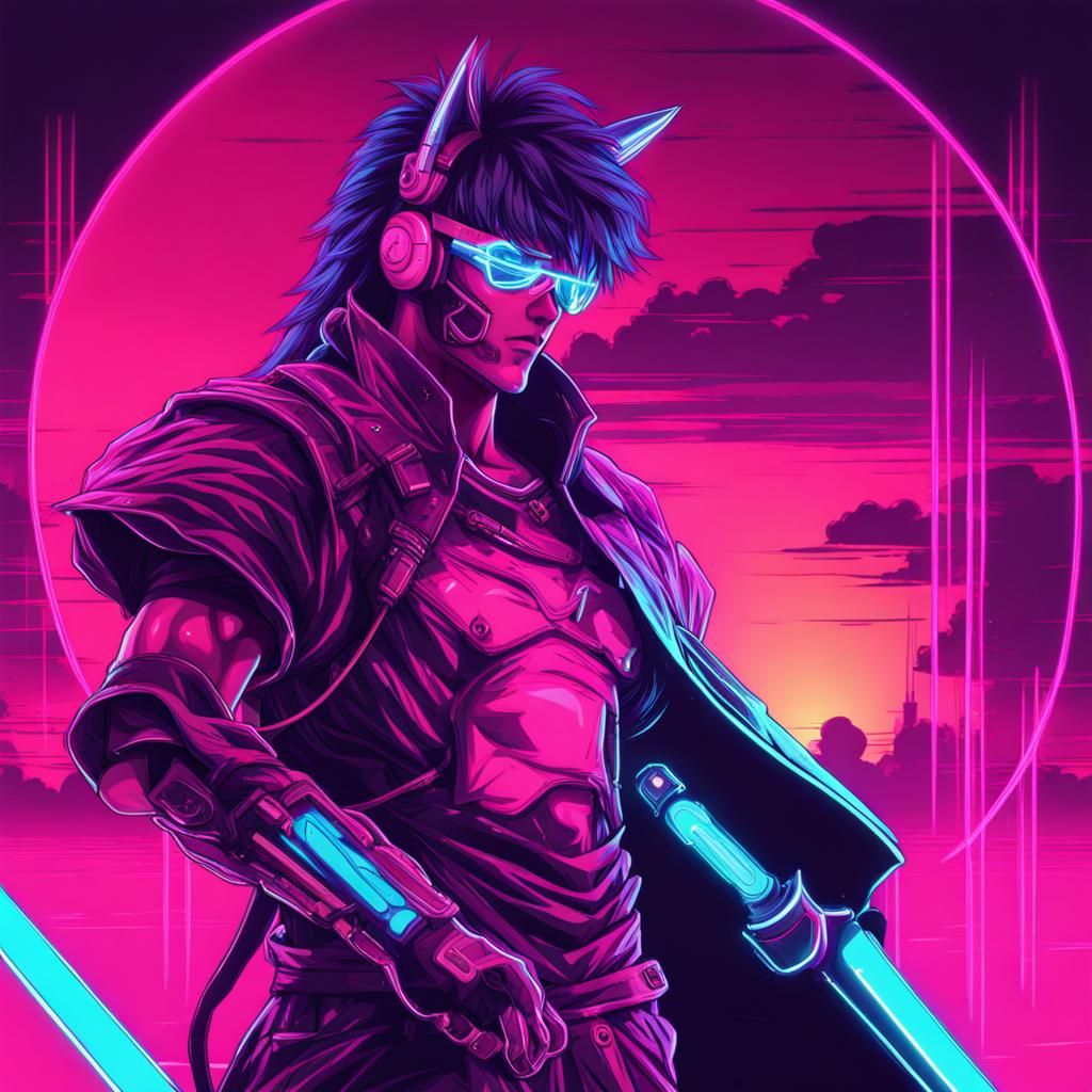 Synthwave Anime Warrior in Neon Retro Style