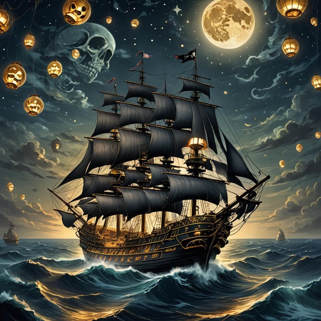 Grand Pirate Ship Navigating Ocean Under Starry Night