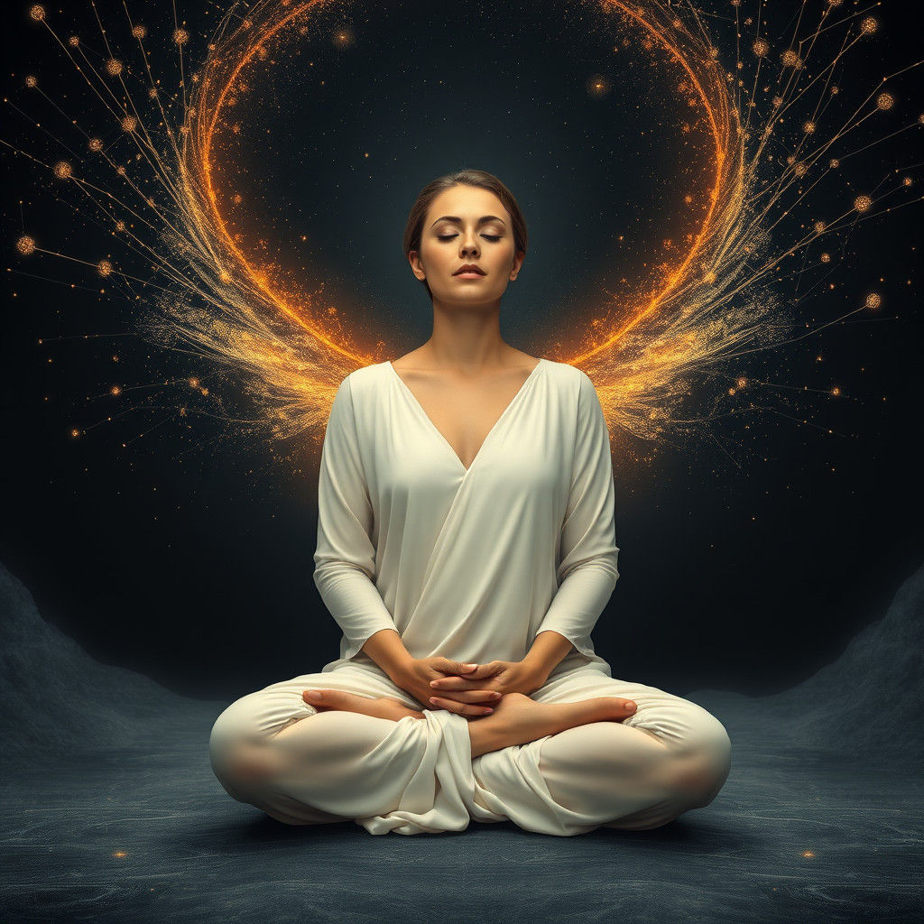 Meditating Woman in Cosmic Energy Field, Surreal Art