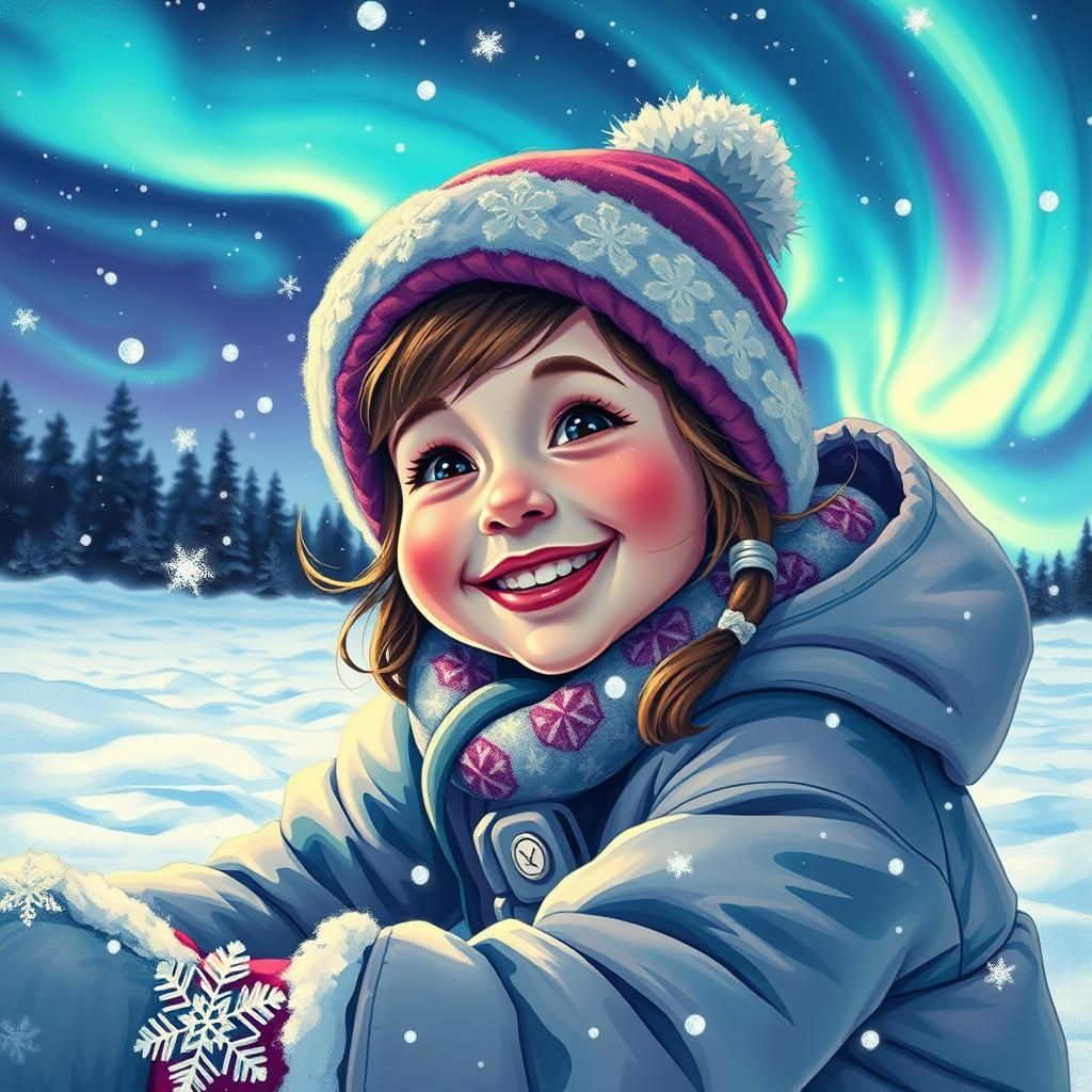 Girl Playing in Snow Under Aurora Sky, Graffiti Art
