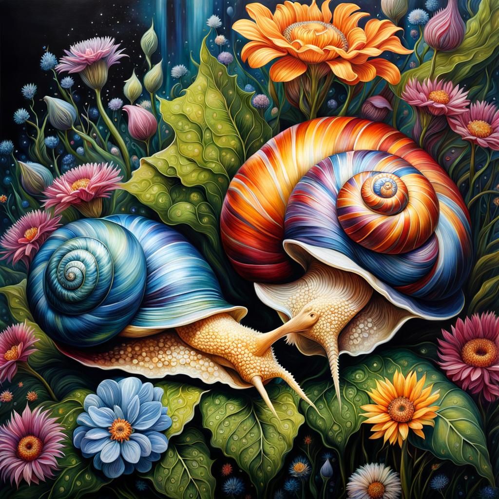 Fantasy Painting of Two Snails in Macro Detail